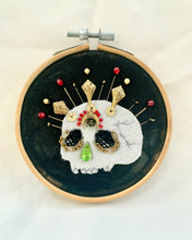 Load image into Gallery viewer, Smoke and Mist Skull Hoop Art Emboridery, Gilded Skeletons Catacomb Saints
