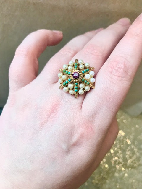 Vintage Starburst Ring, Atomic Pearl and Gem Gold Tone Adjustable ring