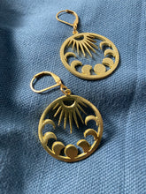 Load image into Gallery viewer, Celestial Gold Tone Sun and Moon Earrings, Phases of the Moon Earrings
