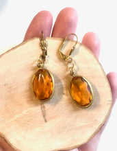 Load image into Gallery viewer, Amber Oval Cut Gem Earrings, Acrylic Channel set Amber glass, Faux Topaz earrings
