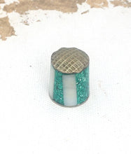 Load image into Gallery viewer, Vintage Silver Thimble Mexican Abalone Shell Thimble Green Stamped ALPACA Green Resin &amp; Abalone Thimble Mother of Pearl Collectible Thimble
