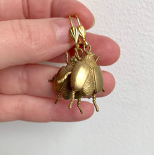 Load image into Gallery viewer, Golden Beetle Earrings Gold Bug Dangle Earrings Gold Tone Dangle Earrings hook earrings Brass Beetles Earrings
