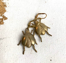 Load image into Gallery viewer, Golden Beetle Earrings Gold Bug Dangle Earrings Gold Tone Dangle Earrings hook earrings Brass Beetles Earrings
