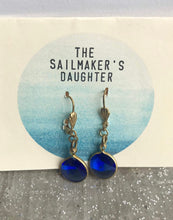 Load image into Gallery viewer, Dark Blue Glass Drop Earrings, Round Sapphire Blue Gem &amp; Gold Tone Dangle Earrings, Faceted Rivoli Blue hook earrings, Vintage Components
