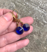 Load image into Gallery viewer, Dark Blue Glass Drop Earrings, Round Sapphire Blue Gem &amp; Gold Tone Dangle Earrings, Faceted Rivoli Blue hook earrings, Vintage Components
