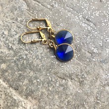 Load image into Gallery viewer, Dark Blue Glass Drop Earrings, Round Sapphire Blue Gem &amp; Gold Tone Dangle Earrings, Faceted Rivoli Blue hook earrings, Vintage Components
