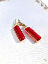 Load image into Gallery viewer, Large Red Glass Drop Earrings, Bright Red Gem &amp; Gold Tone Dangle Earrings
