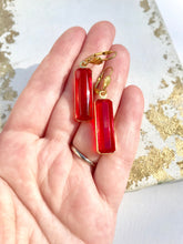 Load image into Gallery viewer, Large Red Glass Drop Earrings, Bright Red Gem &amp; Gold Tone Dangle Earrings
