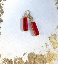 Load image into Gallery viewer, Large Red Glass Drop Earrings, Bright Red Gem &amp; Gold Tone Dangle Earrings
