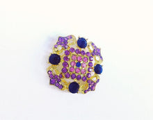 Load image into Gallery viewer, Large Vintage Purple and Gold Brooch, Regal Purple Rhinestone Gold Toned Brooch
