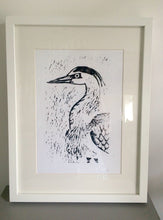 Load image into Gallery viewer, HERON Lino Print Bird Art Stork linoprint, One Unframed A4 Linocut Print of Wild Bird, Wildlife Art hand Pulled Black Ink Print Limited Edit
